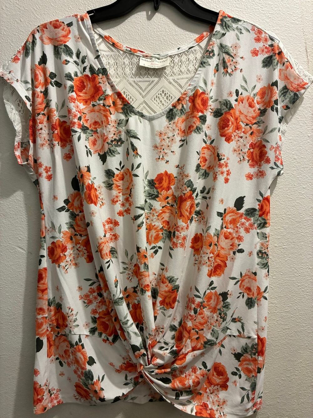 Bobbie Brooks Orange Floral Twist Knot Lace Back Top L